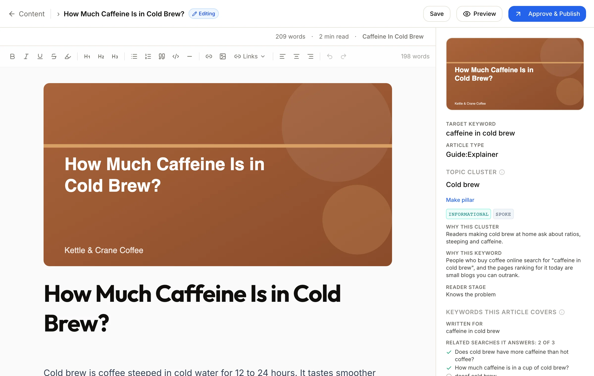 An article open in the editor, with its cover, its text and the sidebar of details