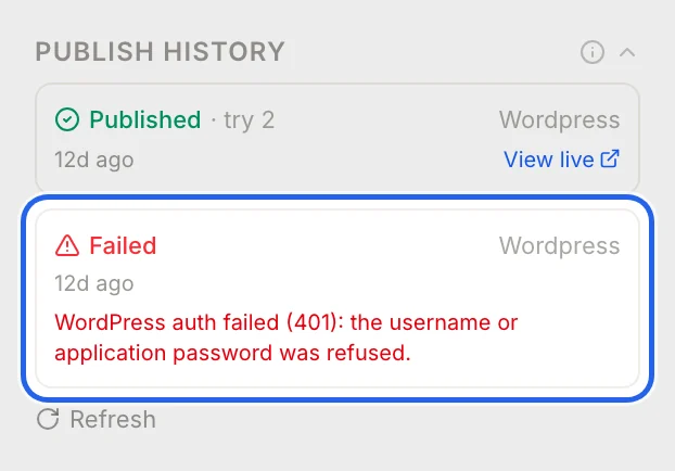 Publish history with a failed attempt and its reason outlined