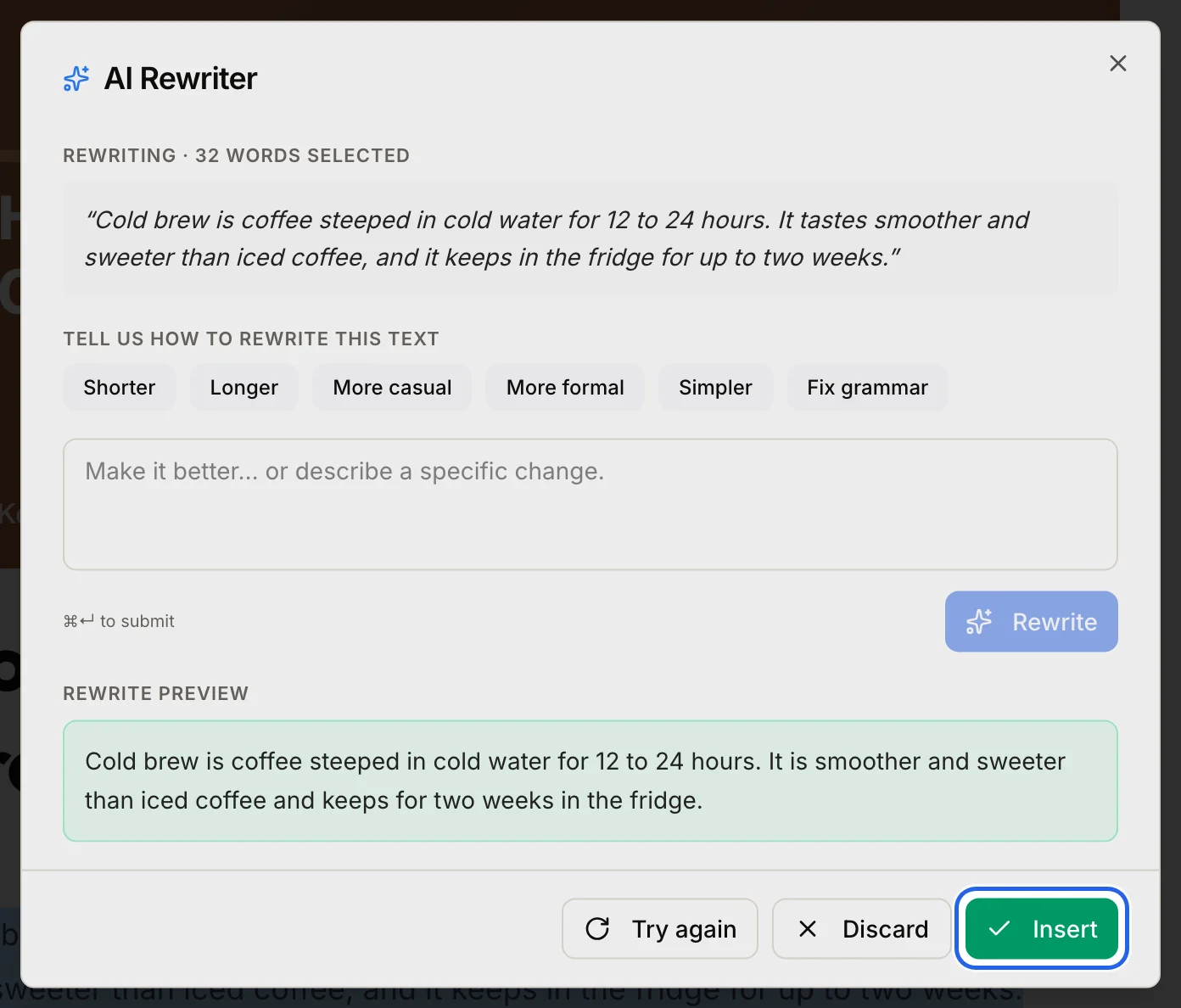 The AI Rewriter with a shorter version in the preview and Insert outlined