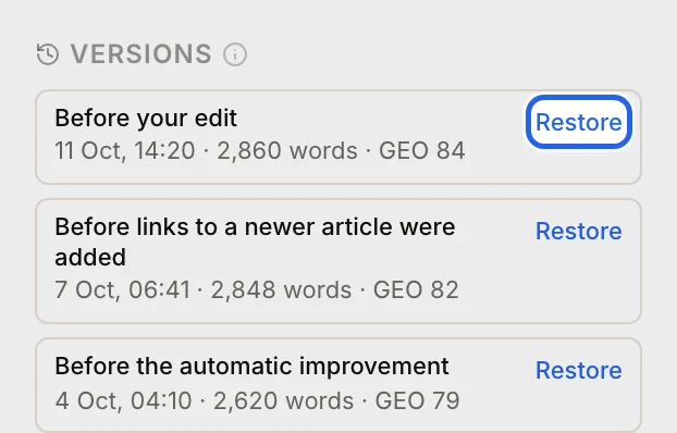 Versions in the sidebar, each with when it was saved and a Restore link